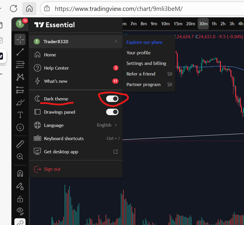 how to switch to dark mode in trading view